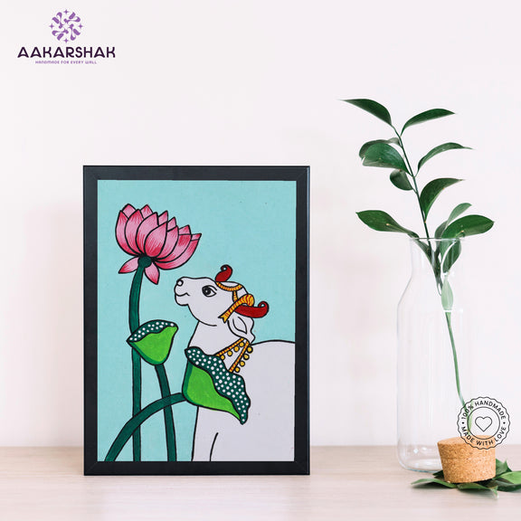 Handmade pichwai Lotus and Cow painting-with tabletop stand for home decor
