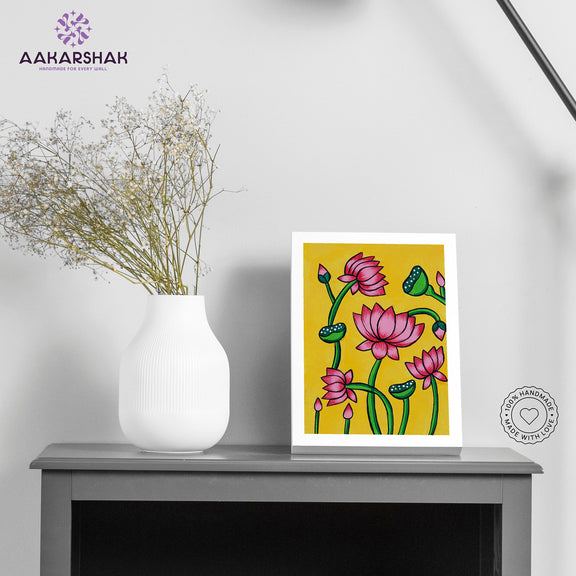 Handmade pichwai lotus painting-with tabletop stand for home decor
