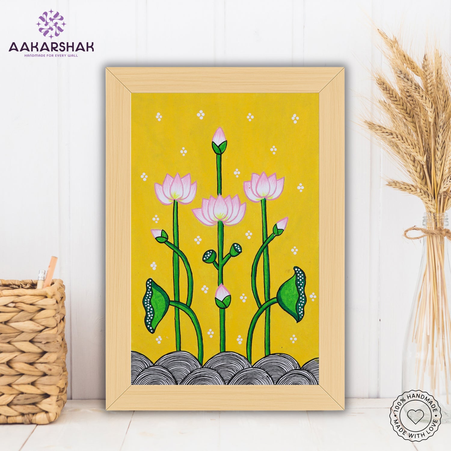 handmade pichwai lotus painting-with tabletop stand for home decor