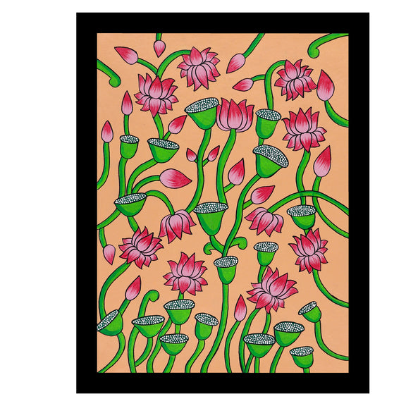 Framed artwork of a colorful lotus illustration on a peach background-with handmade pichwai painting 