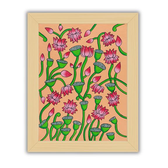 Framed artwork of a colorful lotus illustration on a peach background-with handmade pichwai painting 