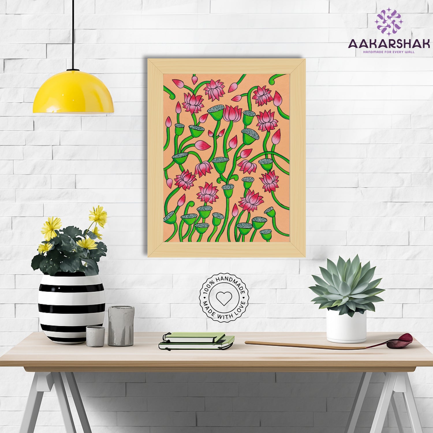Framed artwork with lotus design on a peach background-handmade pichwai painting for home decor
