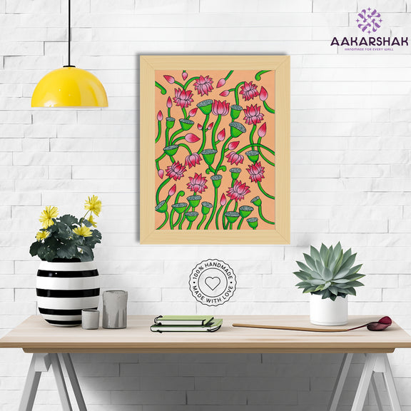Framed artwork with lotus design on a peach background-handmade pichwai painting for home decor
