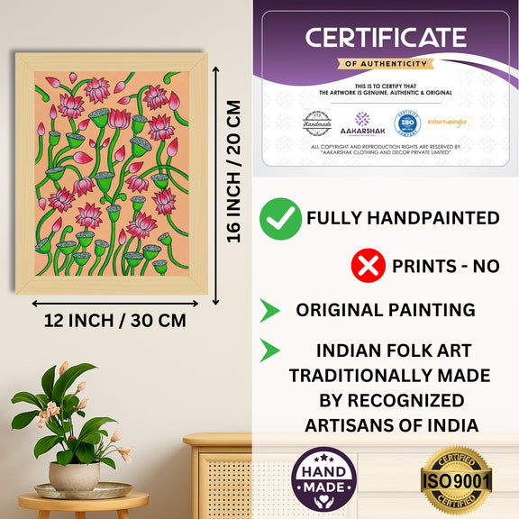 Framed artwork with dimensions, authenticity certificate and handmade iso certified-lotus pichwai painting