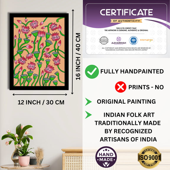 Framed artwork with dimensions, authenticity certificate and handmade iso certified-lotus pichwai painting