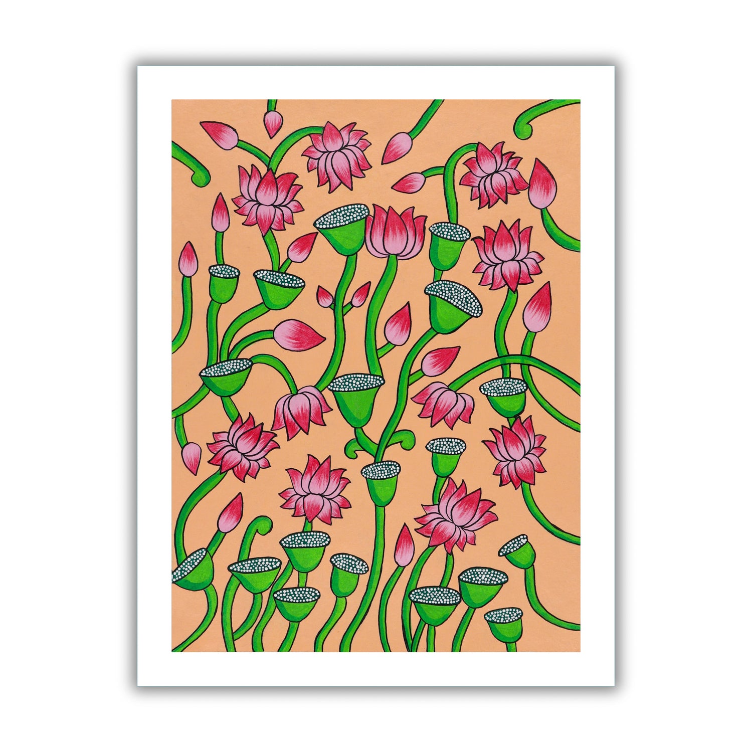 Framed artwork of a colorful lotus illustration on a peach background-with handmade pichwai painting 