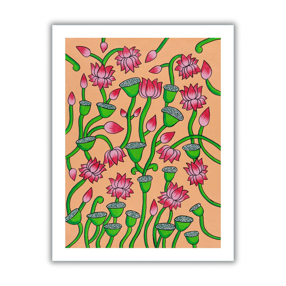 Framed artwork of a colorful lotus illustration on a peach background-with handmade pichwai painting 