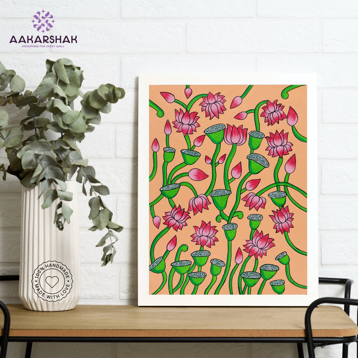 Framed artwork with lotus design on a peach background-handmade pichwai painting for home decor
