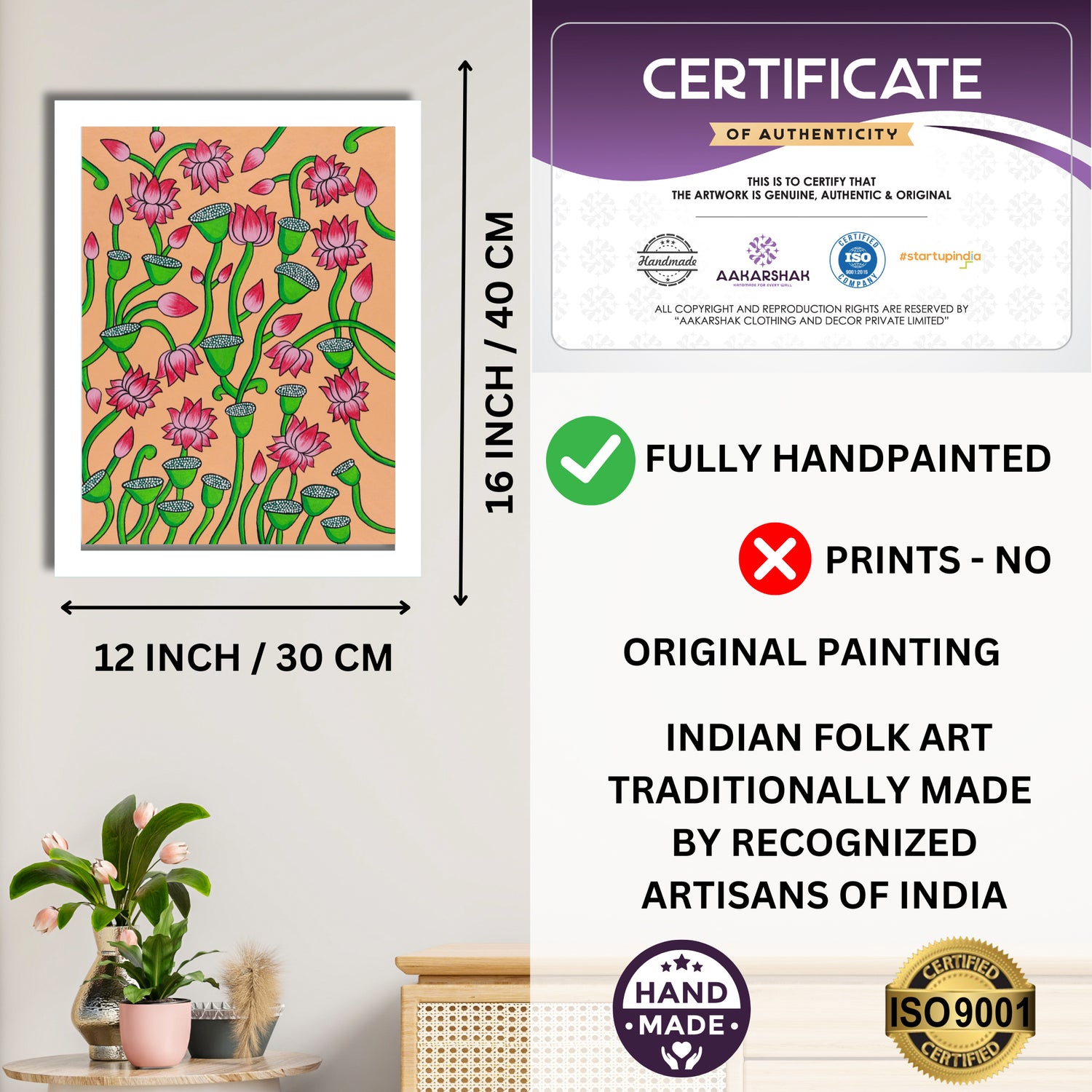 Framed artwork with dimensions, authenticity certificate and handmade iso certified-lotus pichwai painting