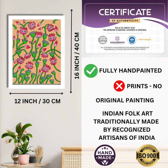 Framed artwork with dimensions, authenticity certificate and handmade iso certified-lotus pichwai painting
