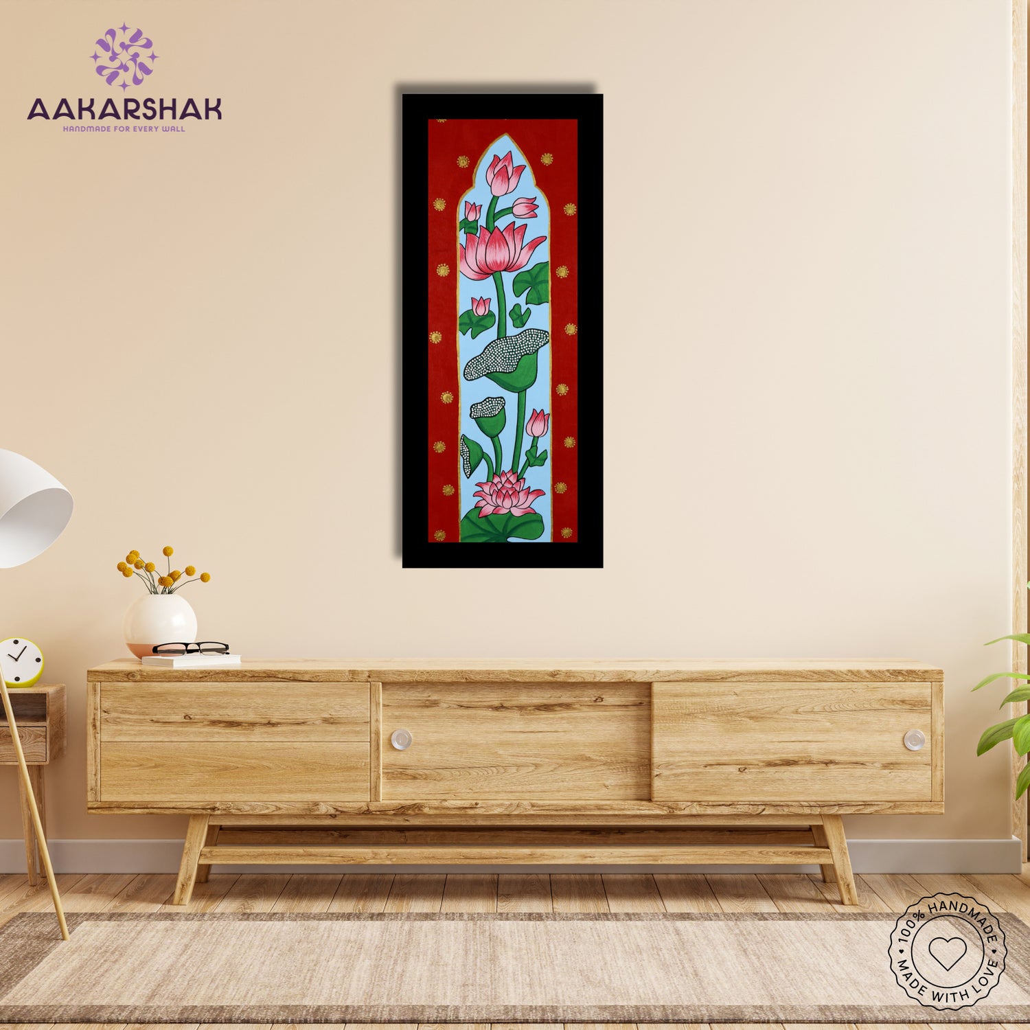 Framed artwork with lotus design -handmade pichwai painting for home decor