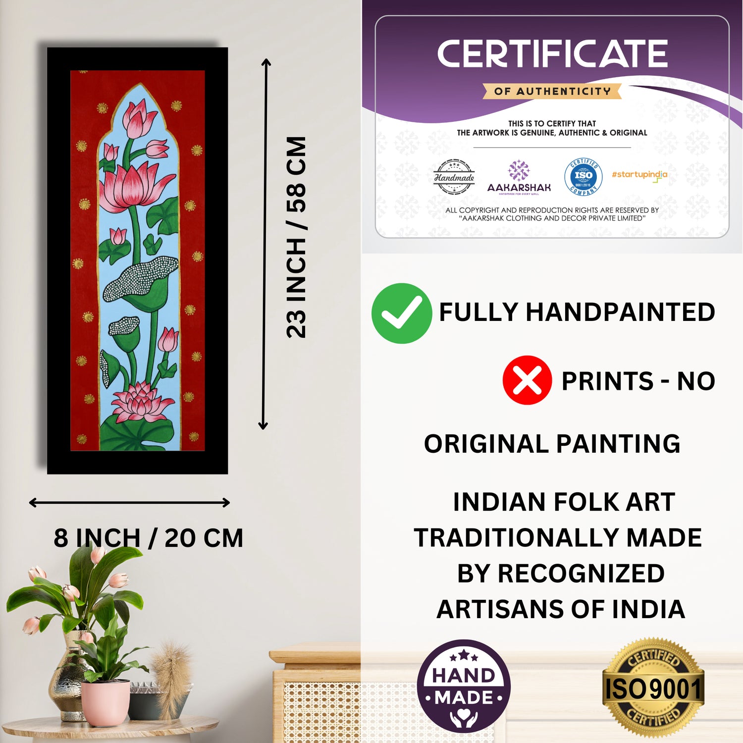 Framed artwork with dimensions, authenticity certificate and handmade iso certified-lotus pichwai painting