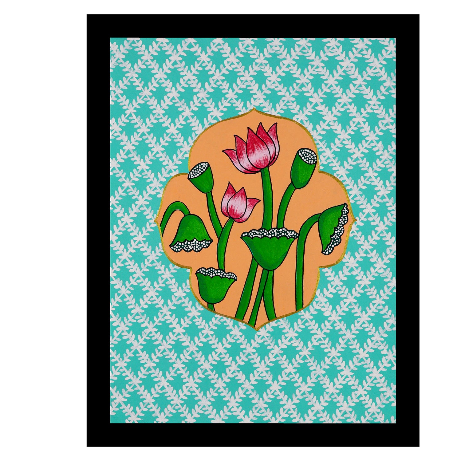 Framed artwork of a colorful lotus illustration on a light blue background-with handmade pichwai painting 