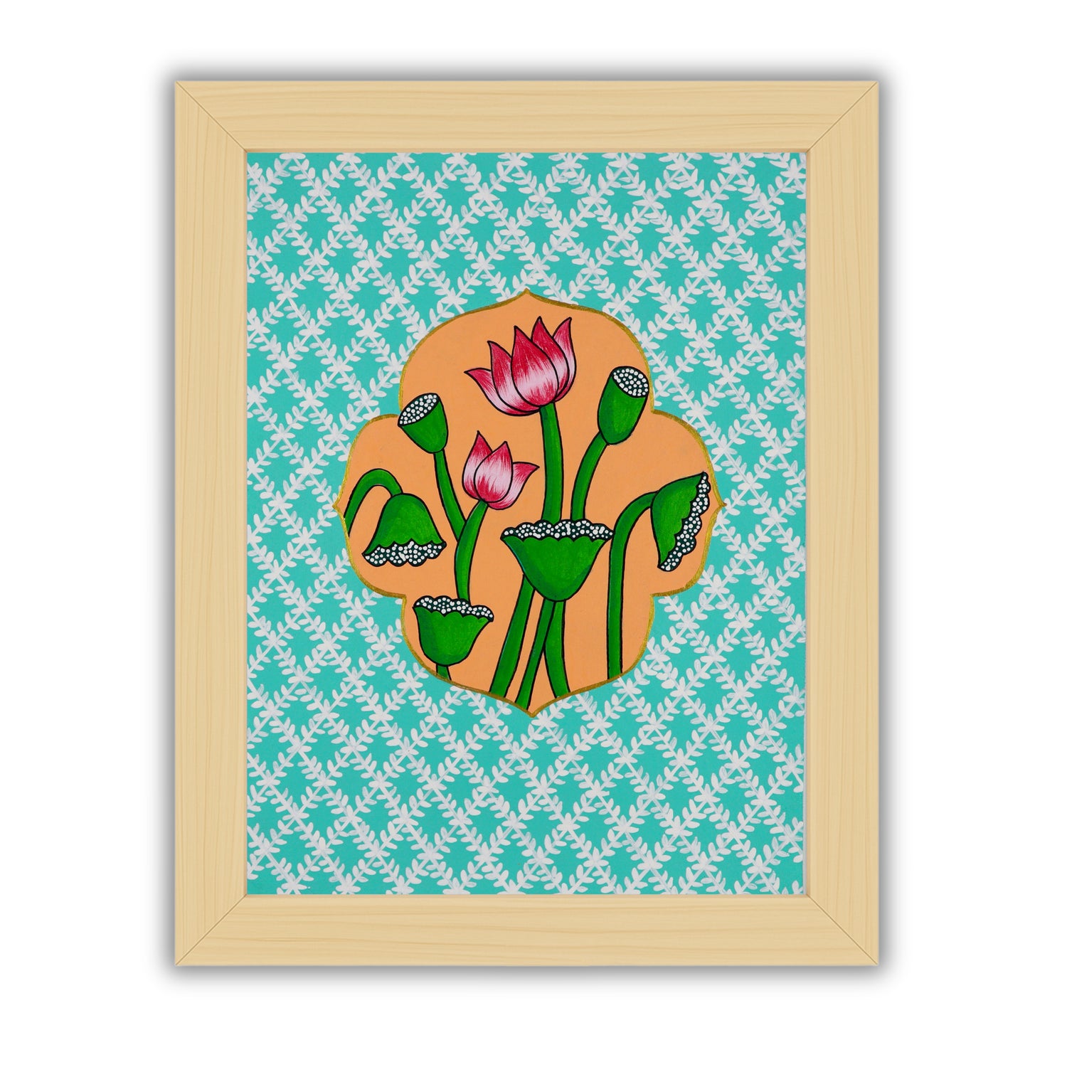 Framed artwork of a colorful lotus illustration on a light blue background-with handmade pichwai painting 