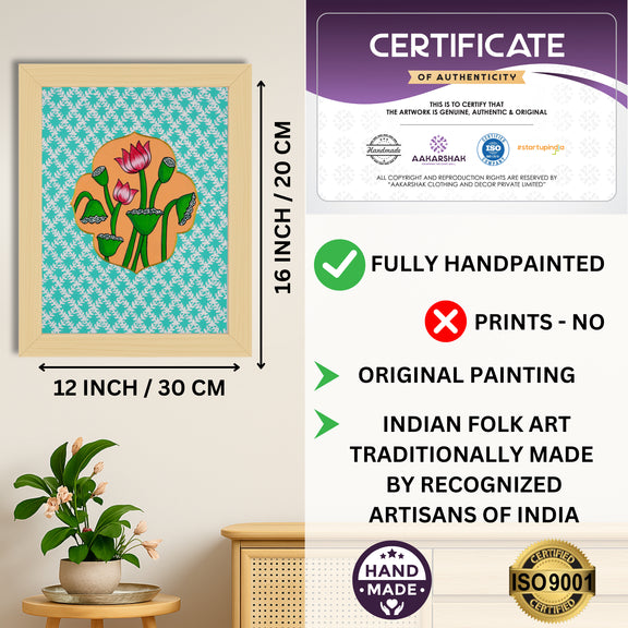 Framed artwork with dimensions, authenticity certificate and handmade iso certified-lotus pichwai painting
