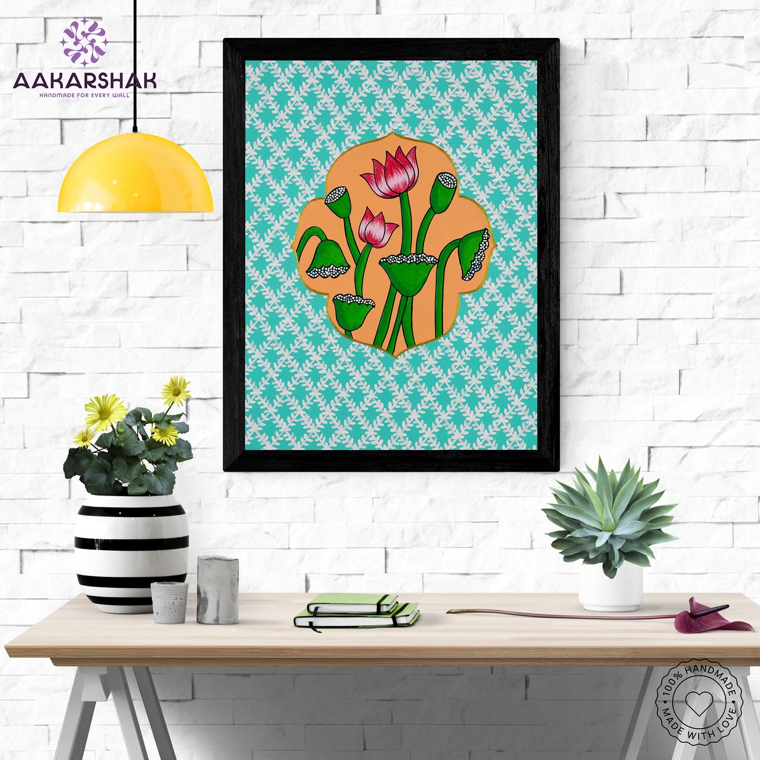 Framed artwork with lotus design on a light blue background-handmade pichwai painting for home decor
