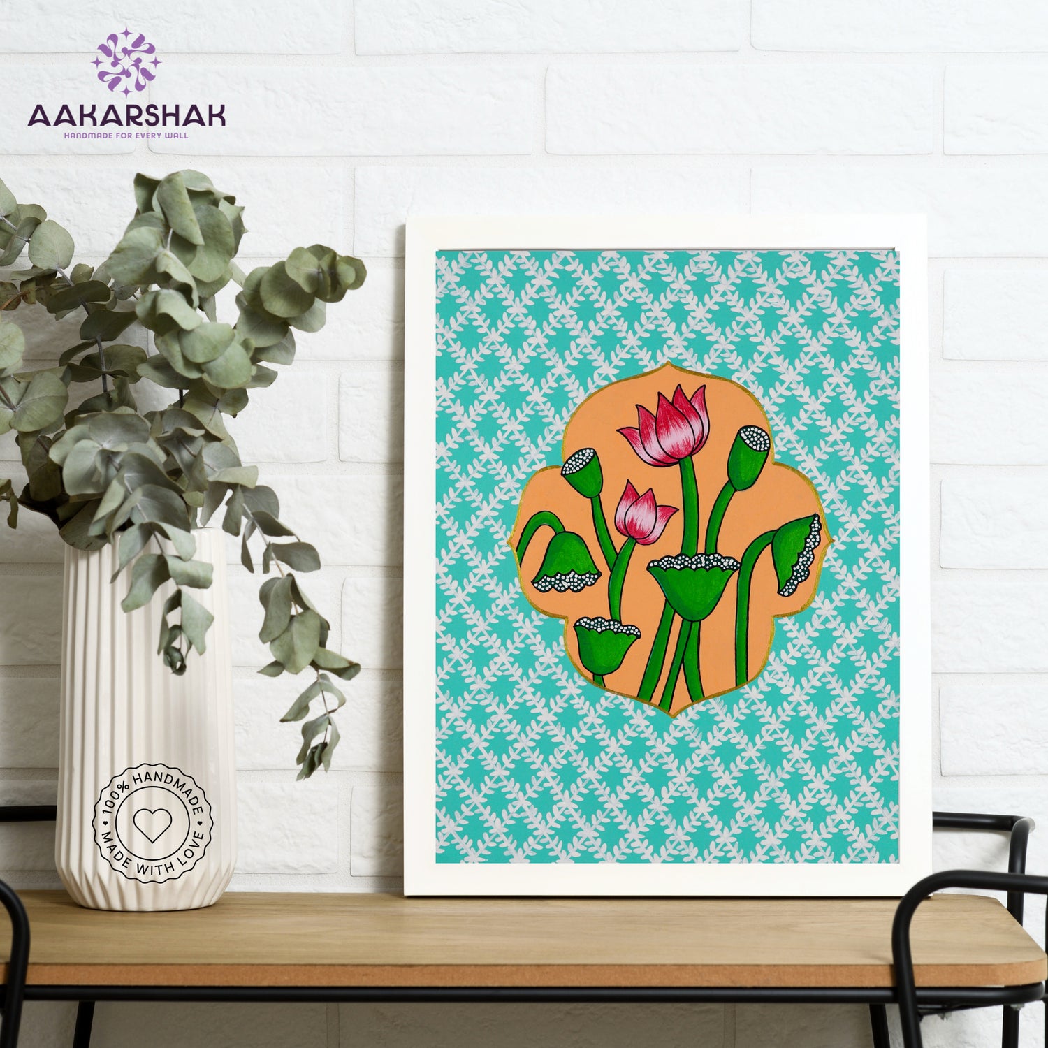Framed artwork with lotus design on a light blue background-handmade pichwai painting for home decor
