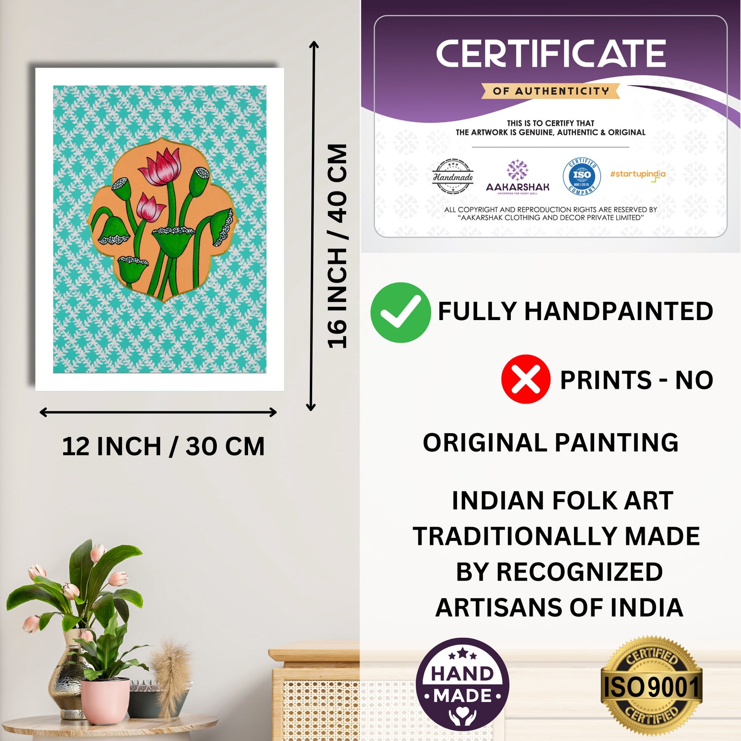 Framed artwork with dimensions, authenticity certificate and handmade iso certified-lotus pichwai painting