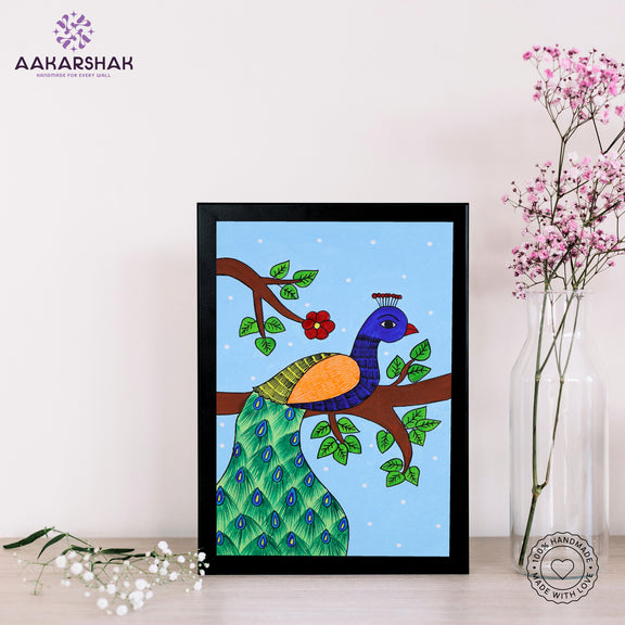 handmade pichwai peacock painting-with tabletop stand for home decor
