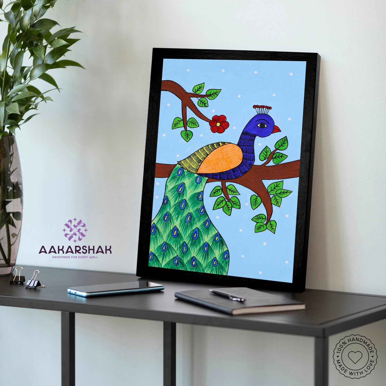 vibrant handmade peacock painting-depicting indian folk traditions
