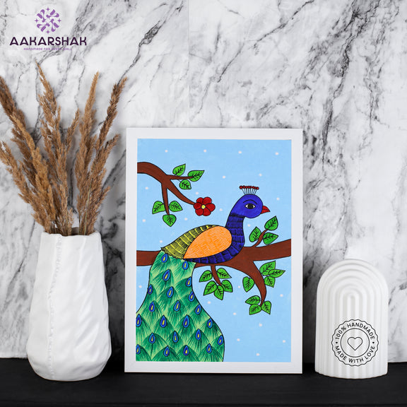 handmade pichwai peacock painting-with tabletop stand for home decor
