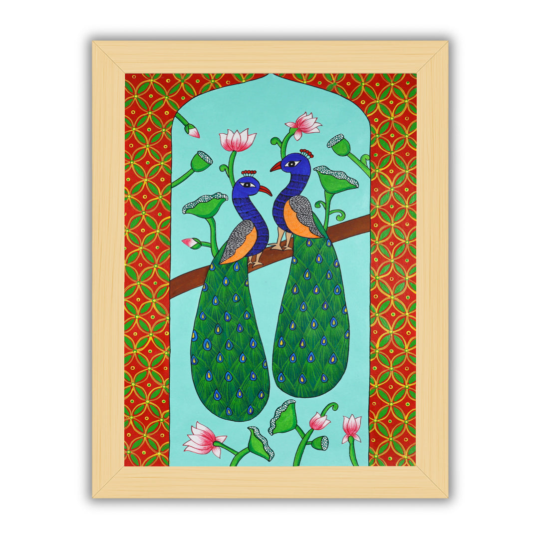 Framed artwork of a colorful peacock handmade pichwai painting 