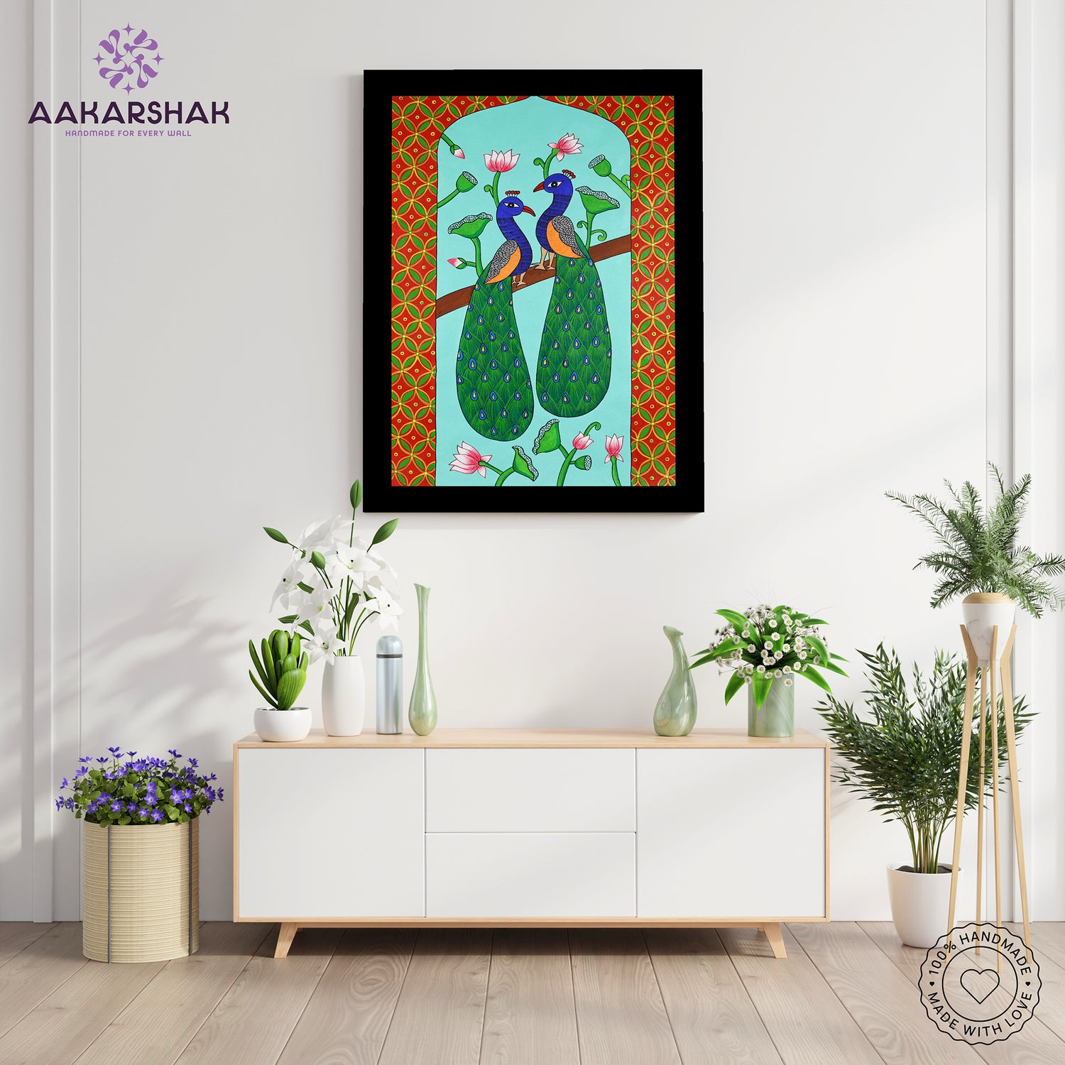 Framed artwork with peacock design-handmade pichwai painting for home decor