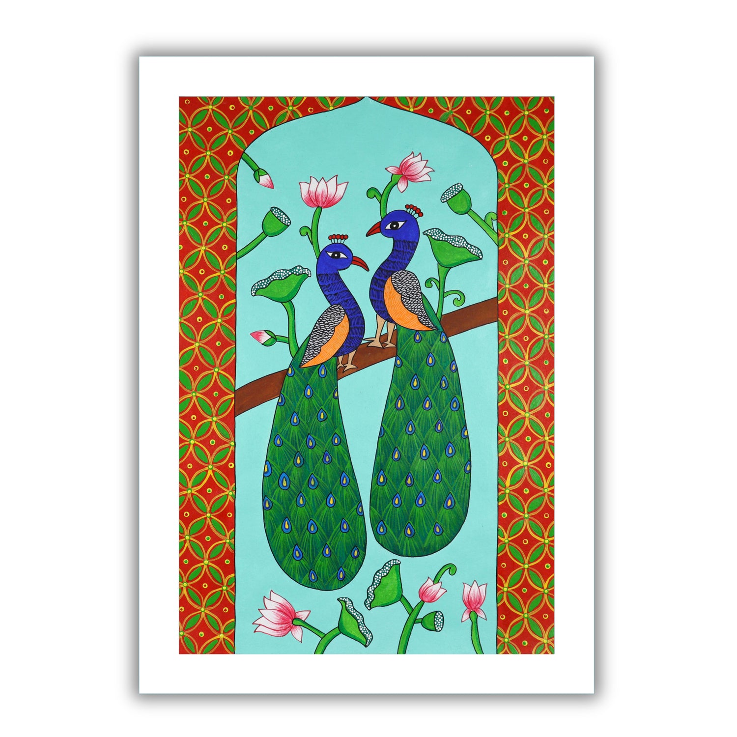 Framed artwork of a colorful peacock handmade pichwai painting 