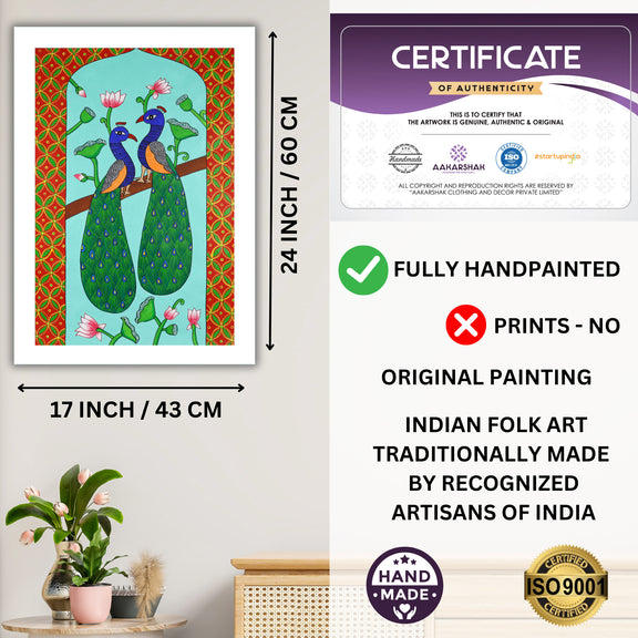 Framed artwork with dimensions, authenticity certificate and handmade iso certified-peacock pichwai painting