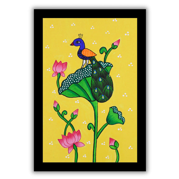 handmade pichwai painting peacock-in vibrant traditional folk art style
