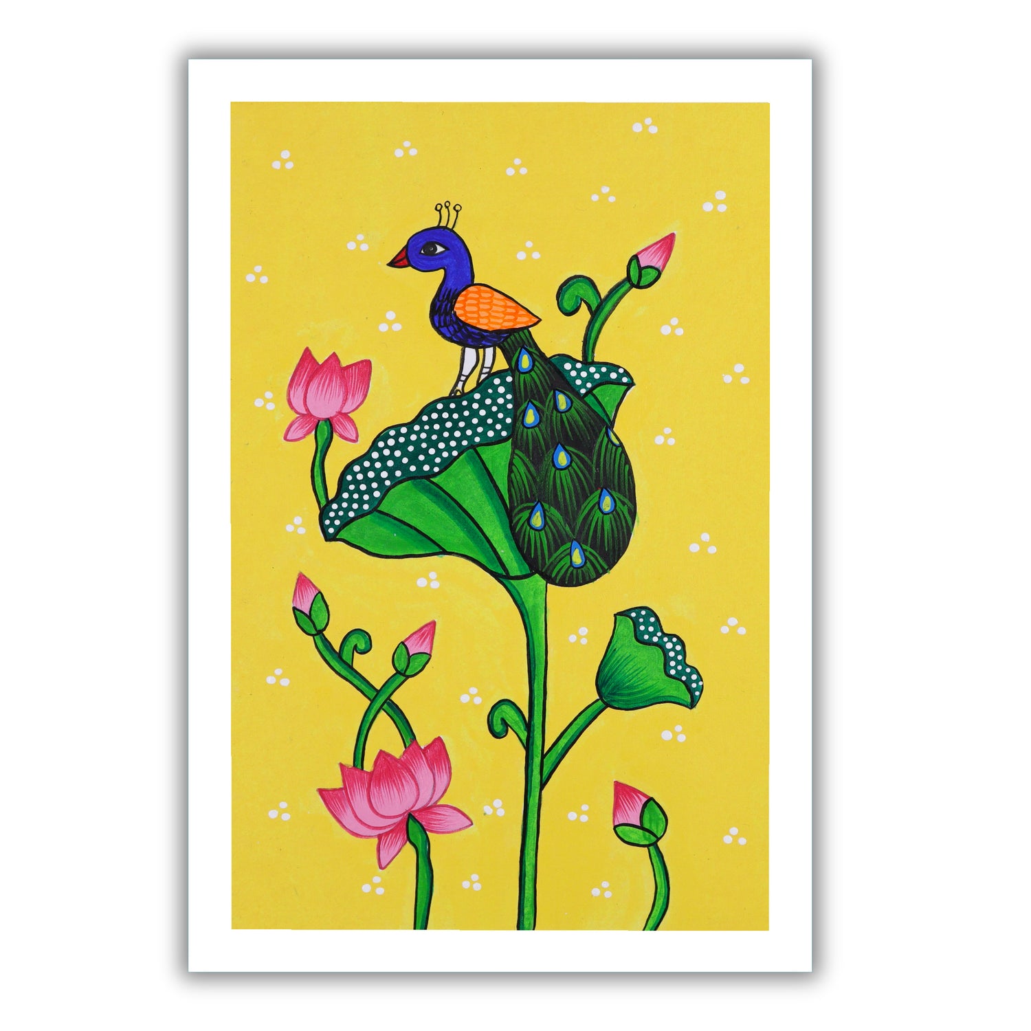 handmade pichwai painting peacock-in vibrant traditional folk art style
