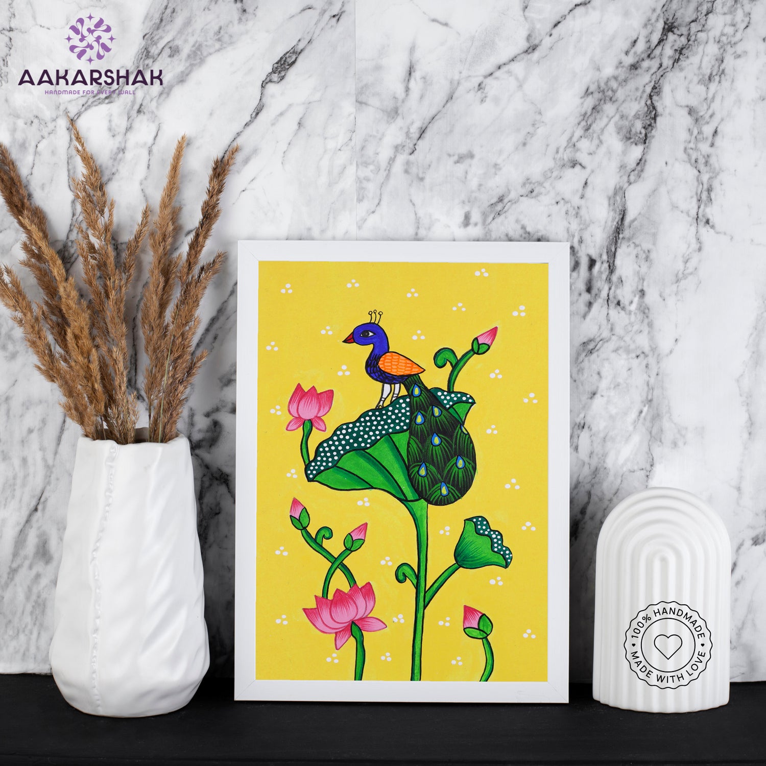 handmade pichwai peacock painting-with tabletop stand for home decor
