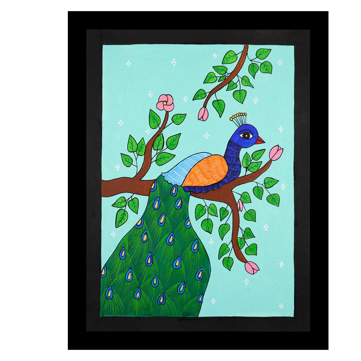Framed artwork of a colorful peacock illustration on a light blue background-with handmade pichwai painting 
