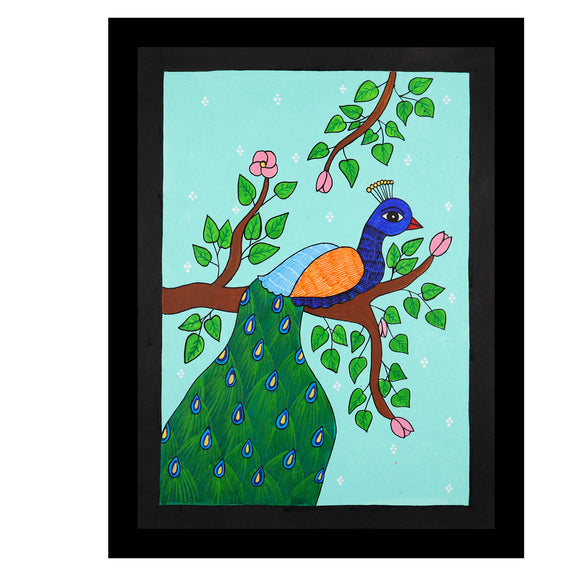 Framed artwork of a colorful peacock illustration on a light blue background-with handmade pichwai painting 

