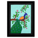 Framed artwork of a colorful peacock illustration on a light blue background-with handmade pichwai painting 
