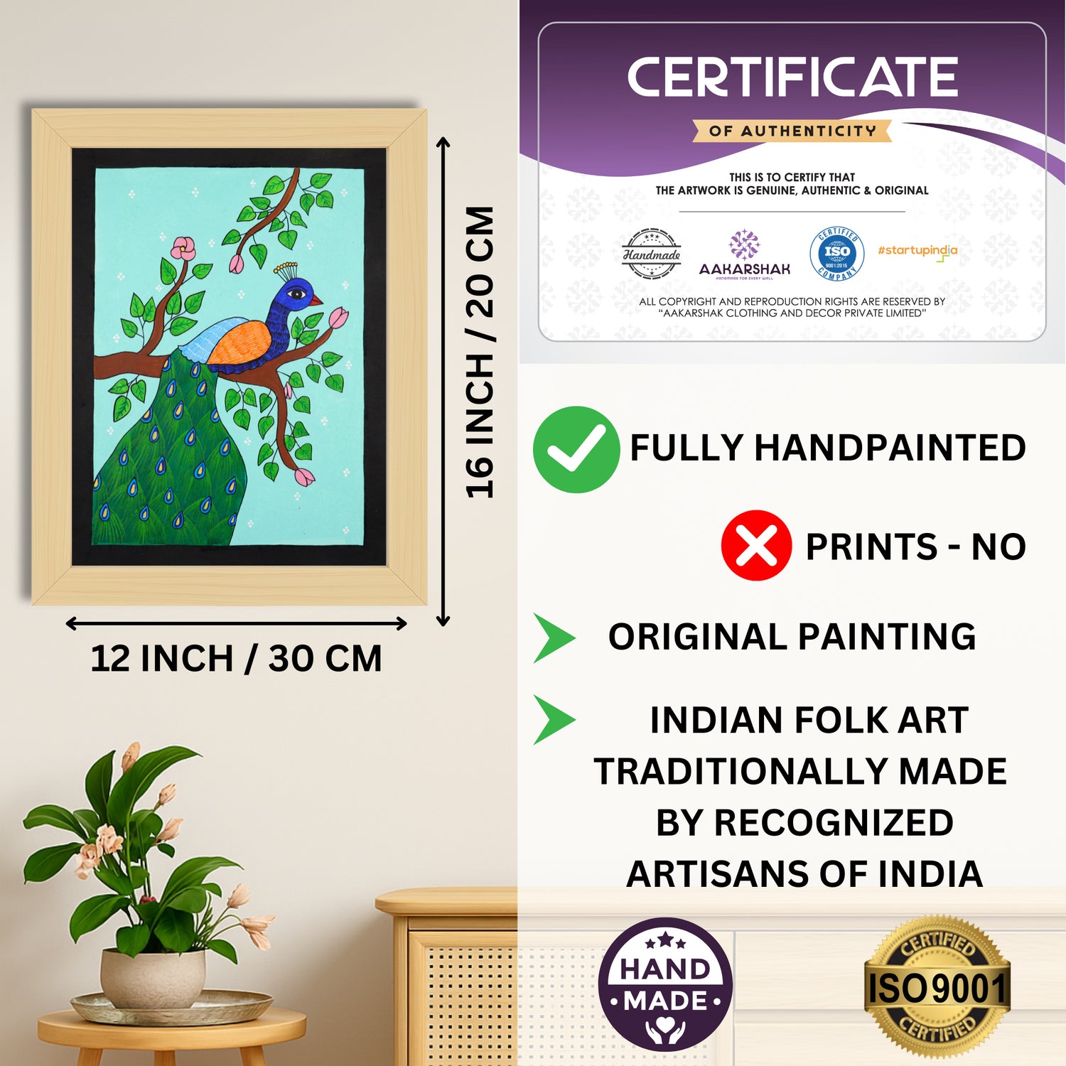 Framed artwork with dimensions, authenticity certificate and handmade iso certified-peacock pichwai painting
