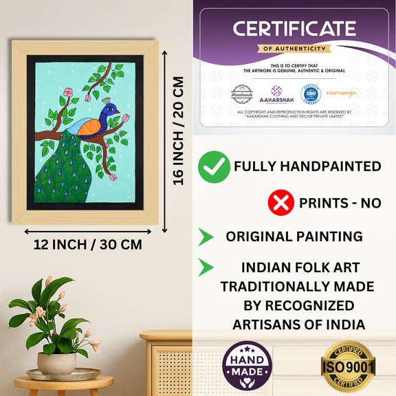 Framed artwork with dimensions, authenticity certificate and handmade iso certified-peacock pichwai painting
