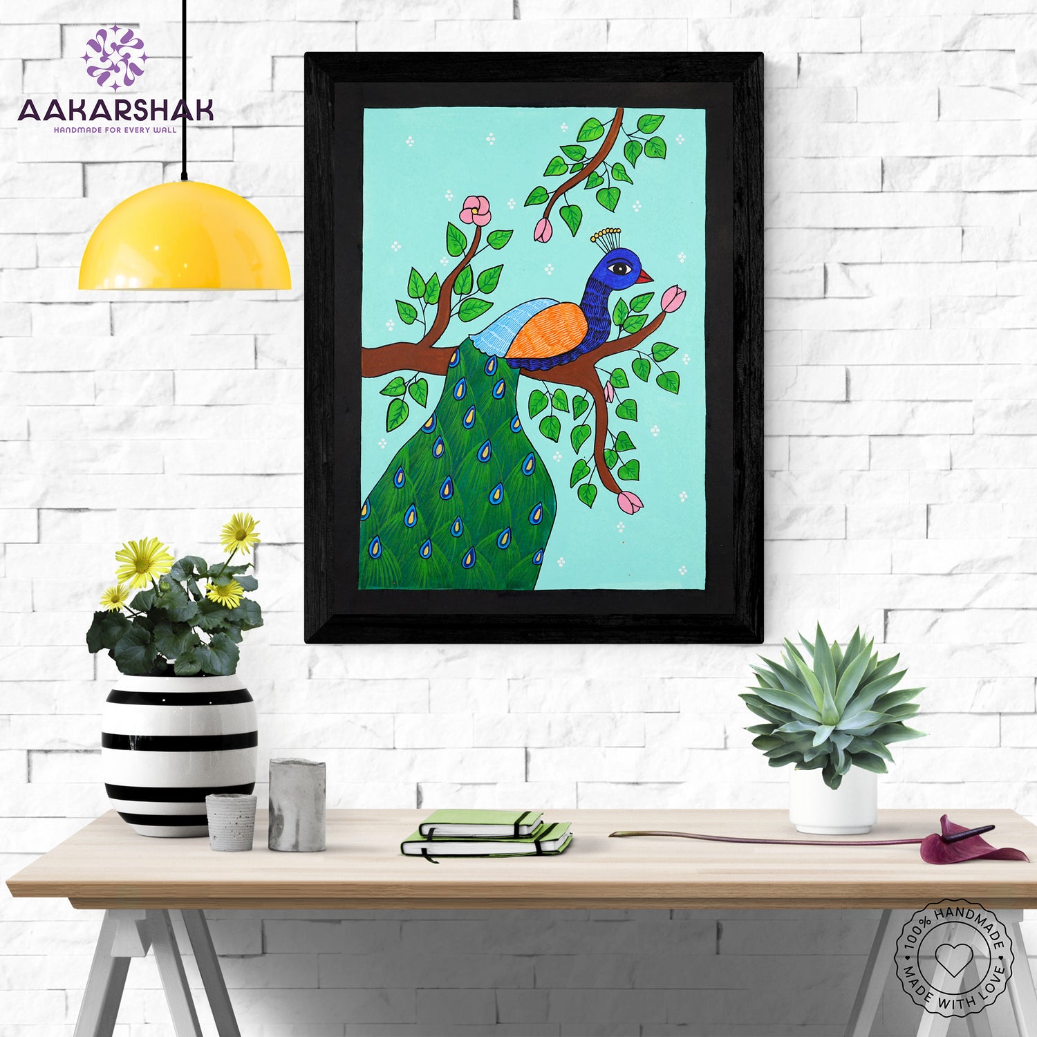 Framed artwork with peacock design on a light blue background-handmade pichwai painting for home decor
