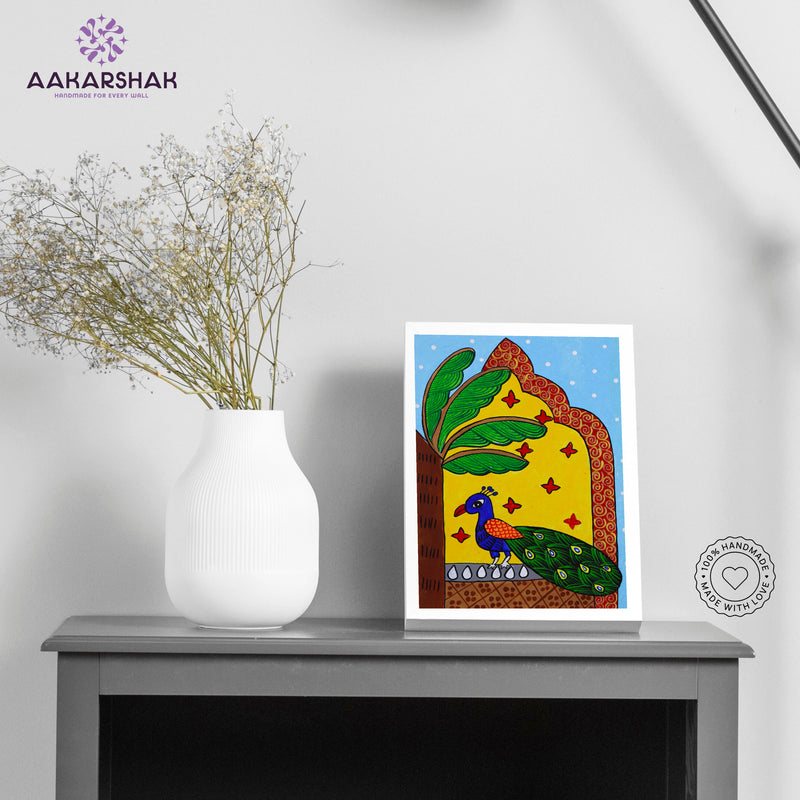 Handmade pichwai peacock painting-with tabletop stand for home decor
