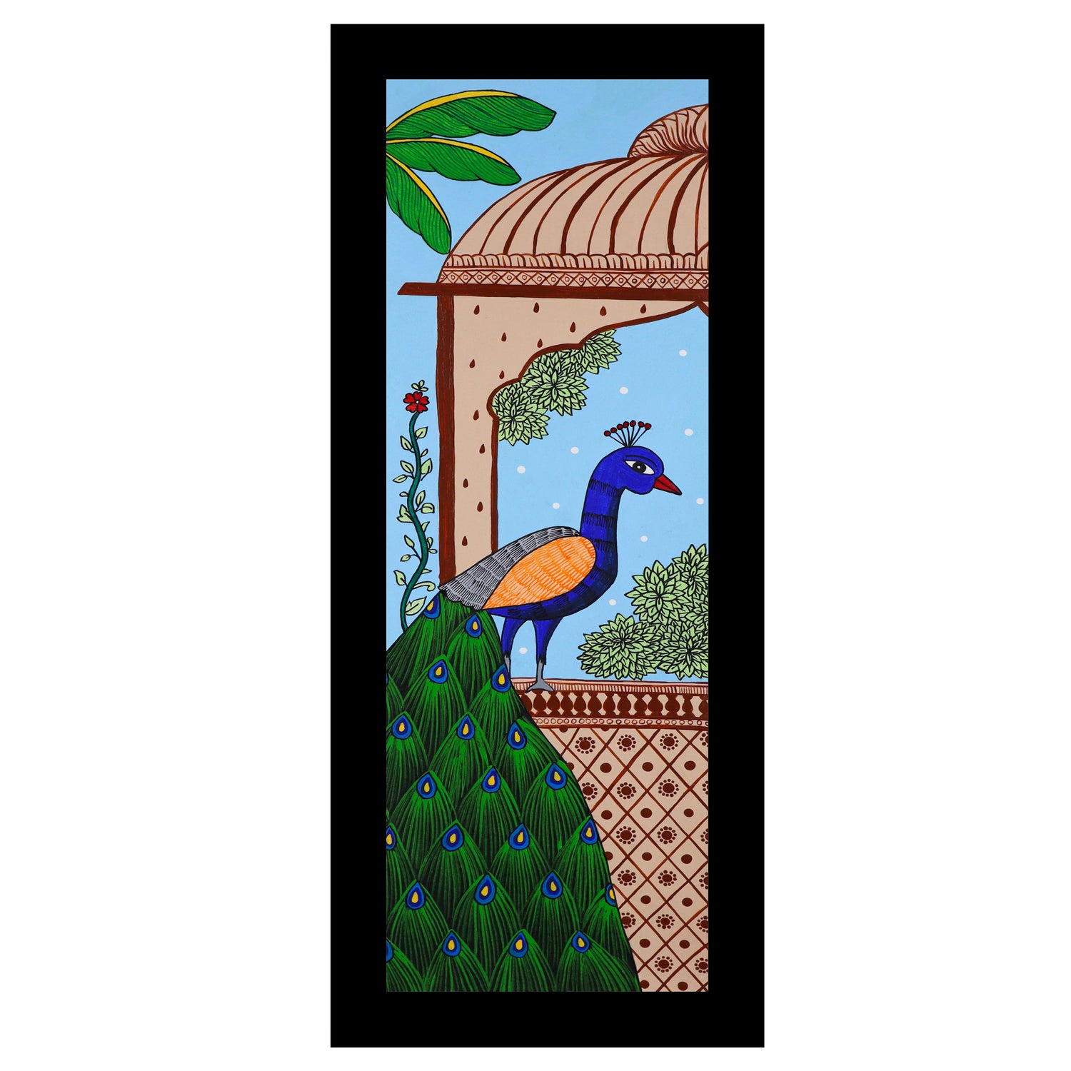 Framed artwork of a colorful peacock-with handmade pichwai painting 