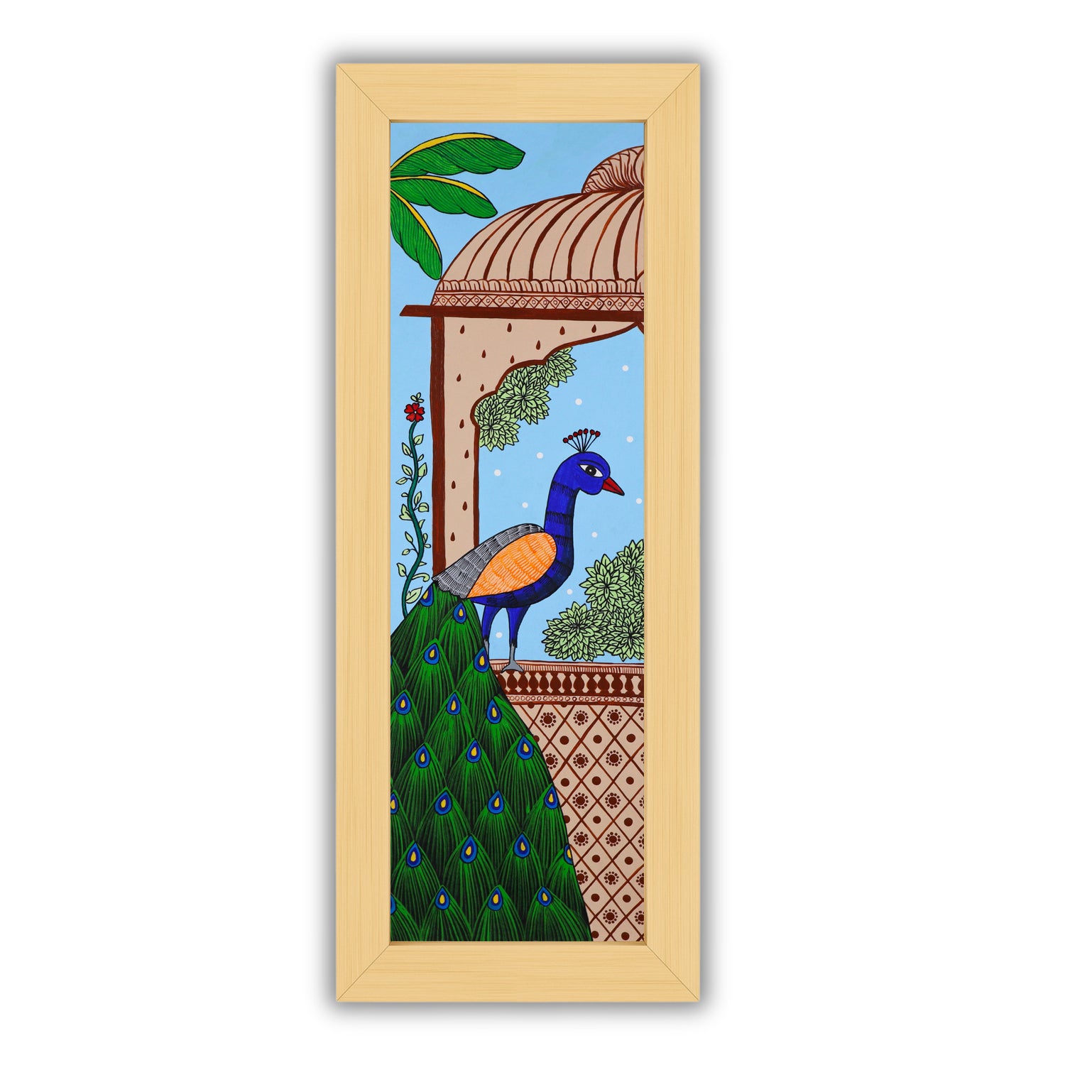 Framed artwork of a colorful peacock-with handmade pichwai painting 