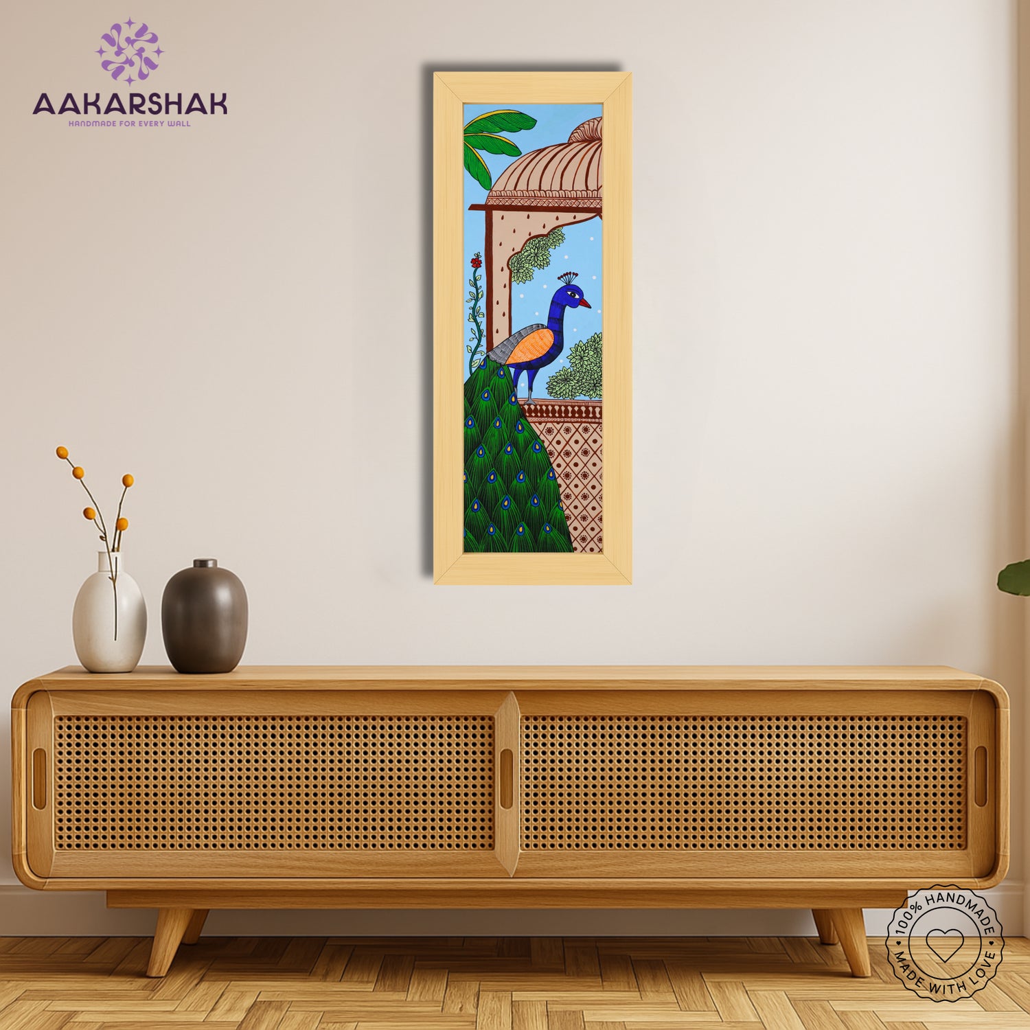 Framed artwork with peacock design -handmade pichwai painting for home decor