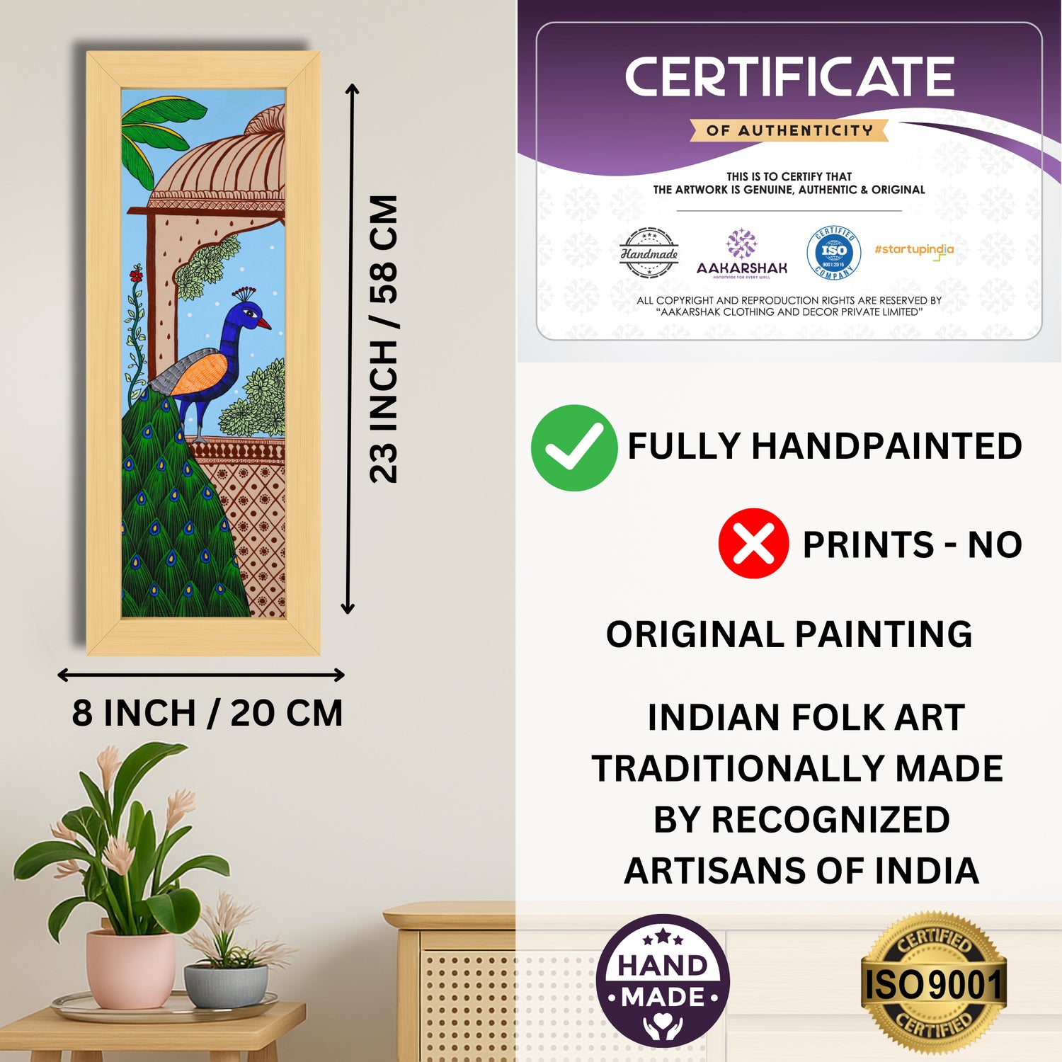 Framed artwork with dimensions, authenticity certificate and handmade iso certified-peacock pichwai painting