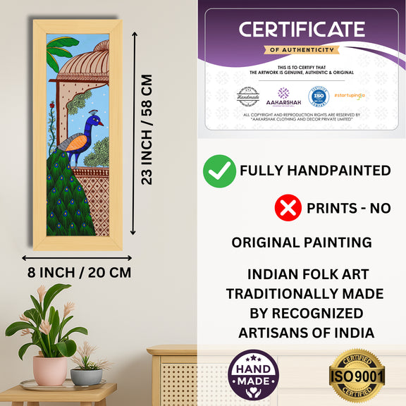 Framed artwork with dimensions, authenticity certificate and handmade iso certified-peacock pichwai painting