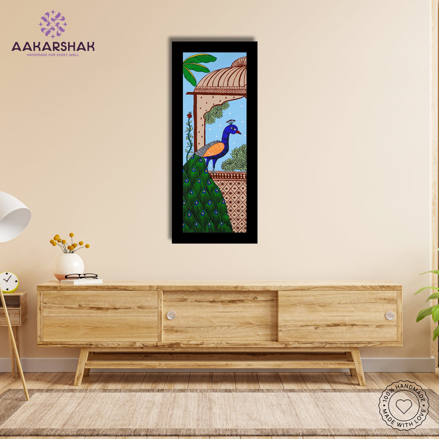 Framed artwork with peacock design -handmade pichwai painting for home decor