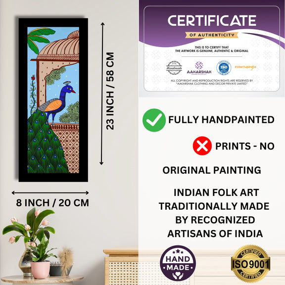 Framed artwork with dimensions, authenticity certificate and handmade iso certified-peacock pichwai painting