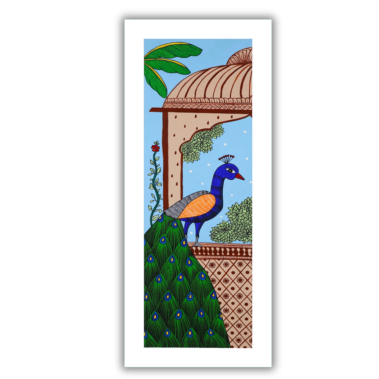 Framed artwork of a colorful peacock-with handmade pichwai painting 