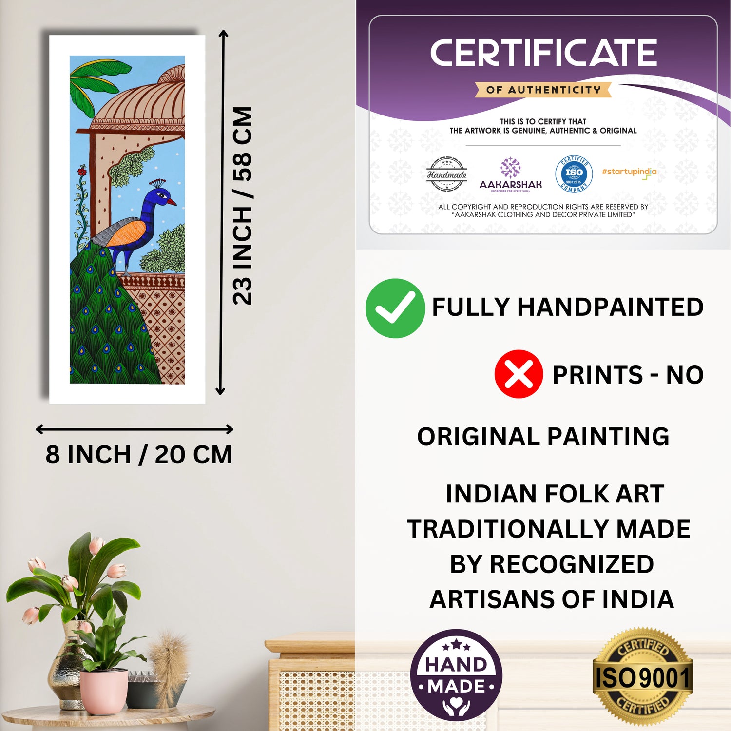 Framed artwork with dimensions, authenticity certificate and handmade iso certified-peacock pichwai painting
