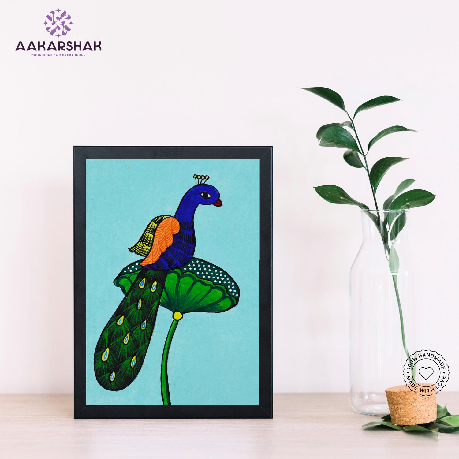 Handmade pichwai peacock painting-with tabletop stand for home decor
