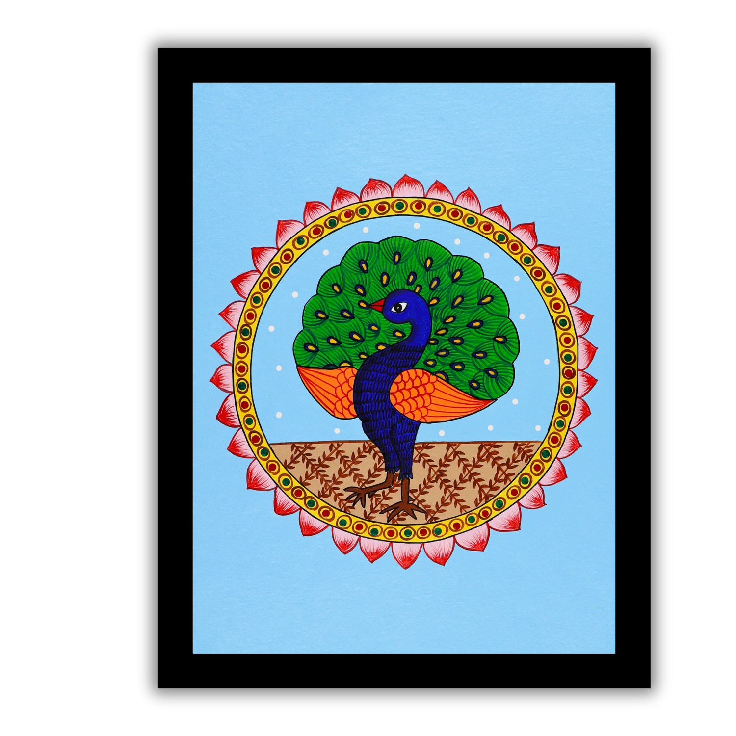Framed artwork of a colorful peacock illustration on a blue background-with handmade pichwai painting 

